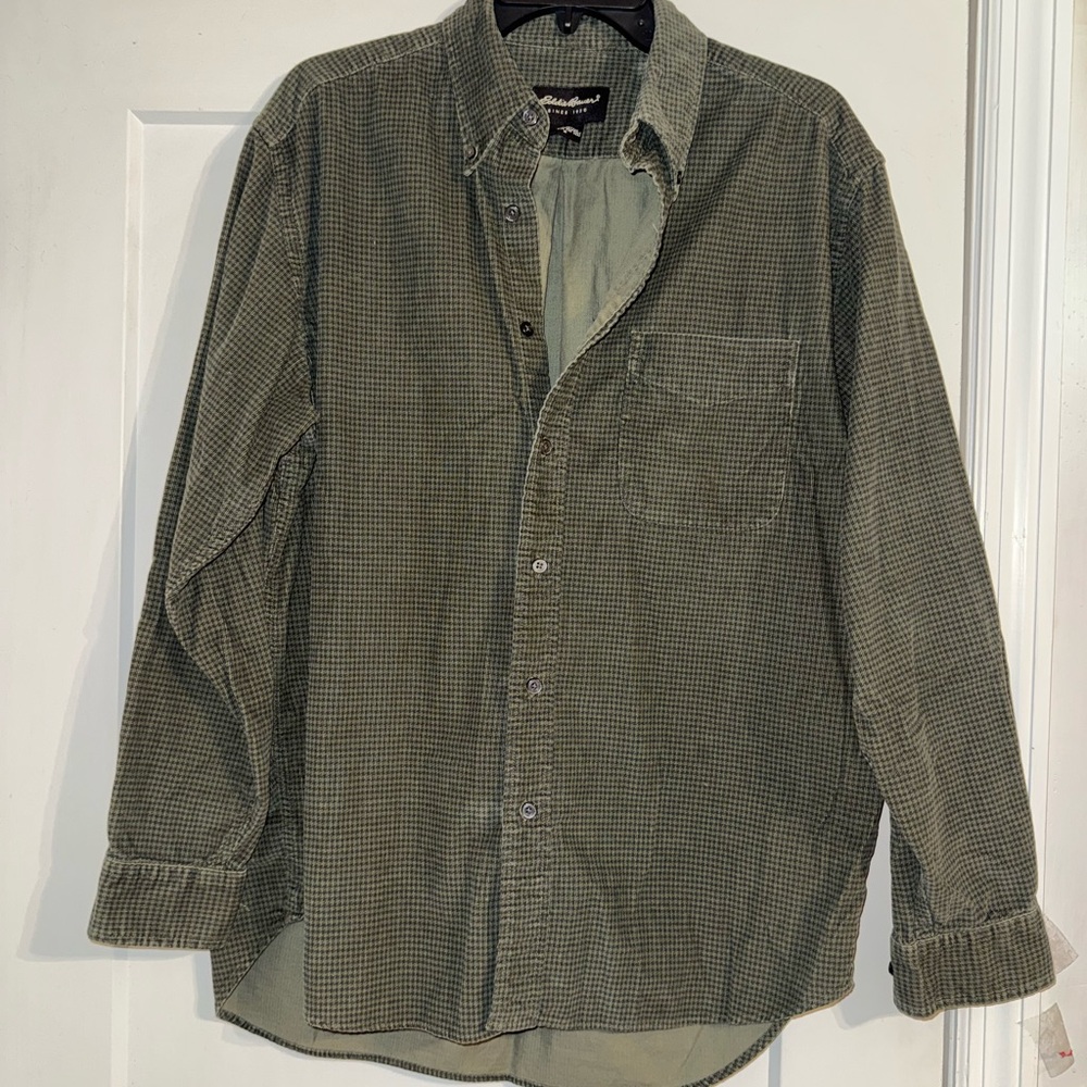 Vintage Eddie Bauer Corduroy Shirt Men Olive Green Check Houndstooth 100% Cotton